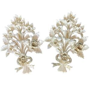 Vintage EuroMarchi Italy Gold Gilt Floral Wall Decor Hollywood Regency Set Pair
